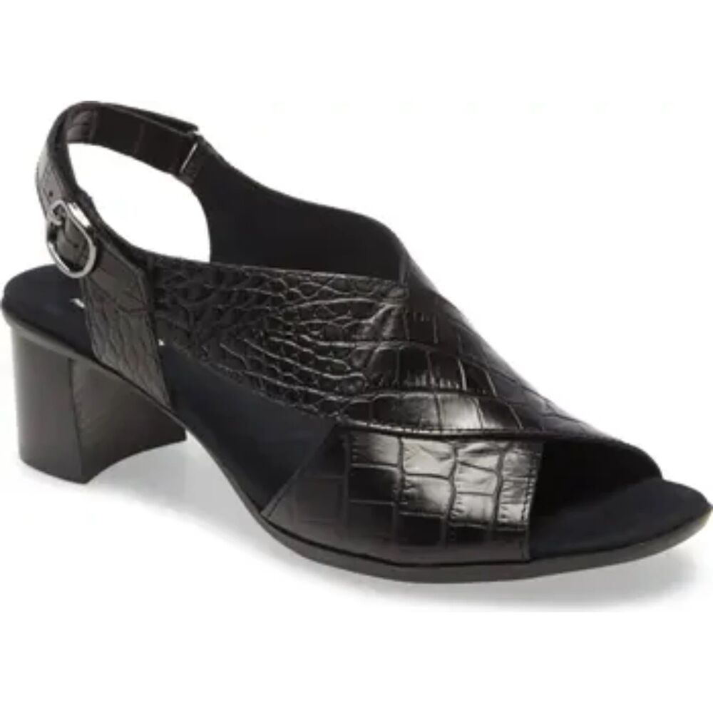 Munro Sandals 8N Croc Embossed Block Heel Slingback Peep Toe Dressy Black Laine